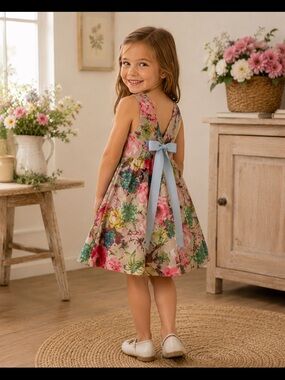 Mud Kingdom girls floral dress size 110 (5Y) bow A-line cotton sleeveless
